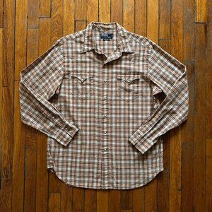 Vintage 90s Polo Ralph Lauren Western Men Cream Brown Tan Plaid Pearl Snap Shirt